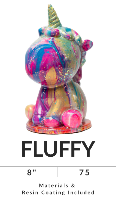 Colorful resin-coated unicorn figurine labeled 'FLUFFY', 8 inches tall with materials included.