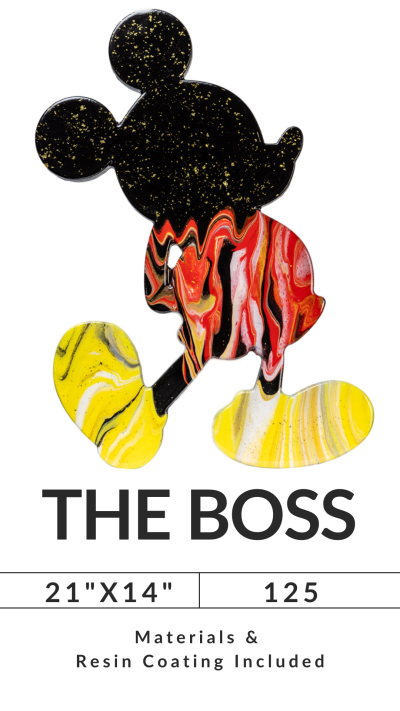 Abstract character shape with black, red, and yellow colors, titled 'THE BOSS', size 21x14, resin coated.