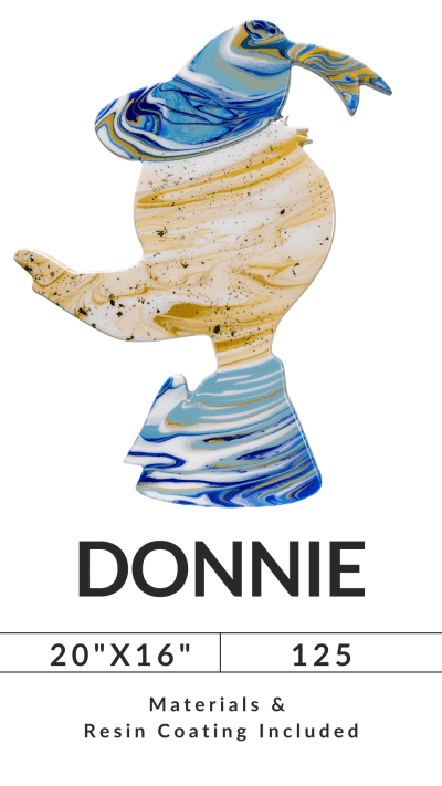 Abstract bird sculpture with blue, yellow swirls; labeled DONNIE, size 20”x16”, materials and resin included.