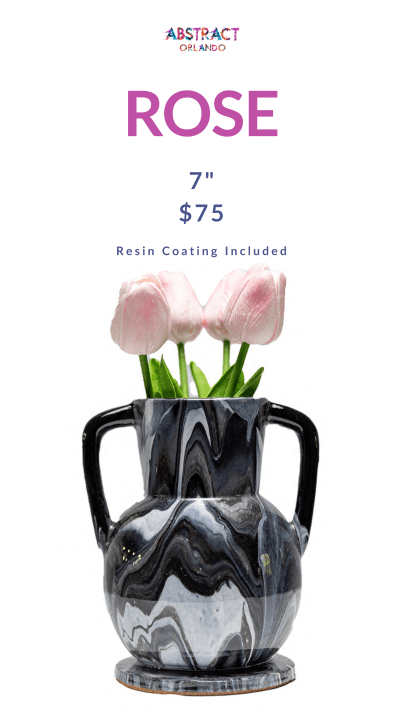 Black marbled vase with pink tulips and product details above.