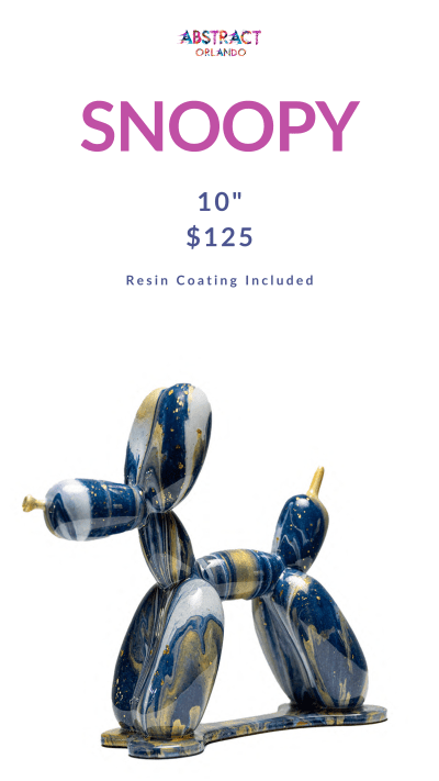 Marbled blue and gold balloon dog sculpture, 10 inches tall, priced at $125 with a resin coating included.