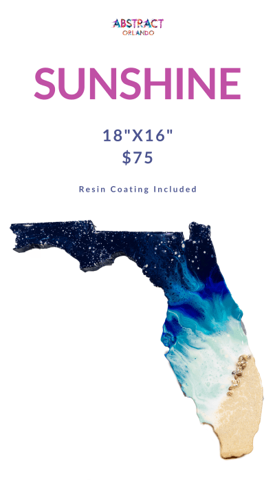 Abstract art of Florida with ocean colors, priced at $75, 18x16 inches, resin coated.