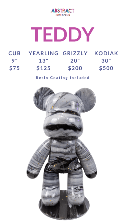 Abstract teddy bear sculpture with sizes and prices listed above.