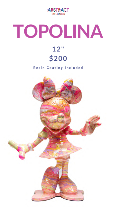 Colorful abstract Minnie Mouse statue labeled 'Topolina', priced at $200, 12 inches tall, resin coated.