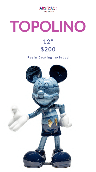 Blue cartoon mouse figure with large ears, text 'TOPOLINO' and price $200.