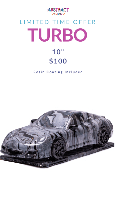 Marbled car sculpture with 'Limited Time Offer Turbo 10' $100, Resin Coating Included' text above.
