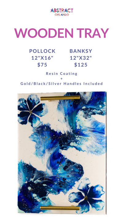 Ad for abstract wooden trays with blue floral design, sizes and prices listed.