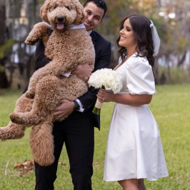 Couple in wedding attire with a large brown dog in a grassy area.