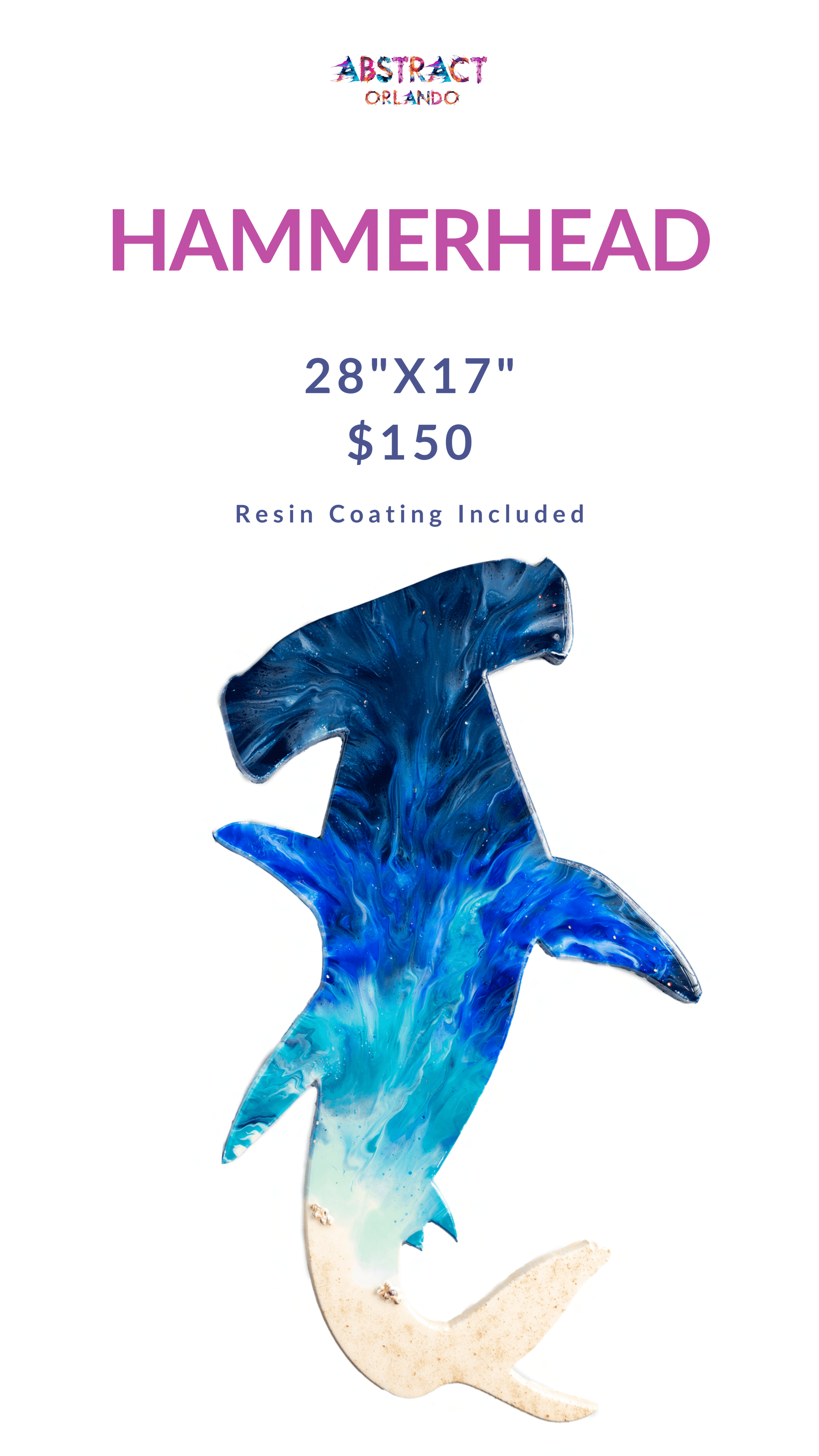 Abstract shark art in blue shades with size and price details.