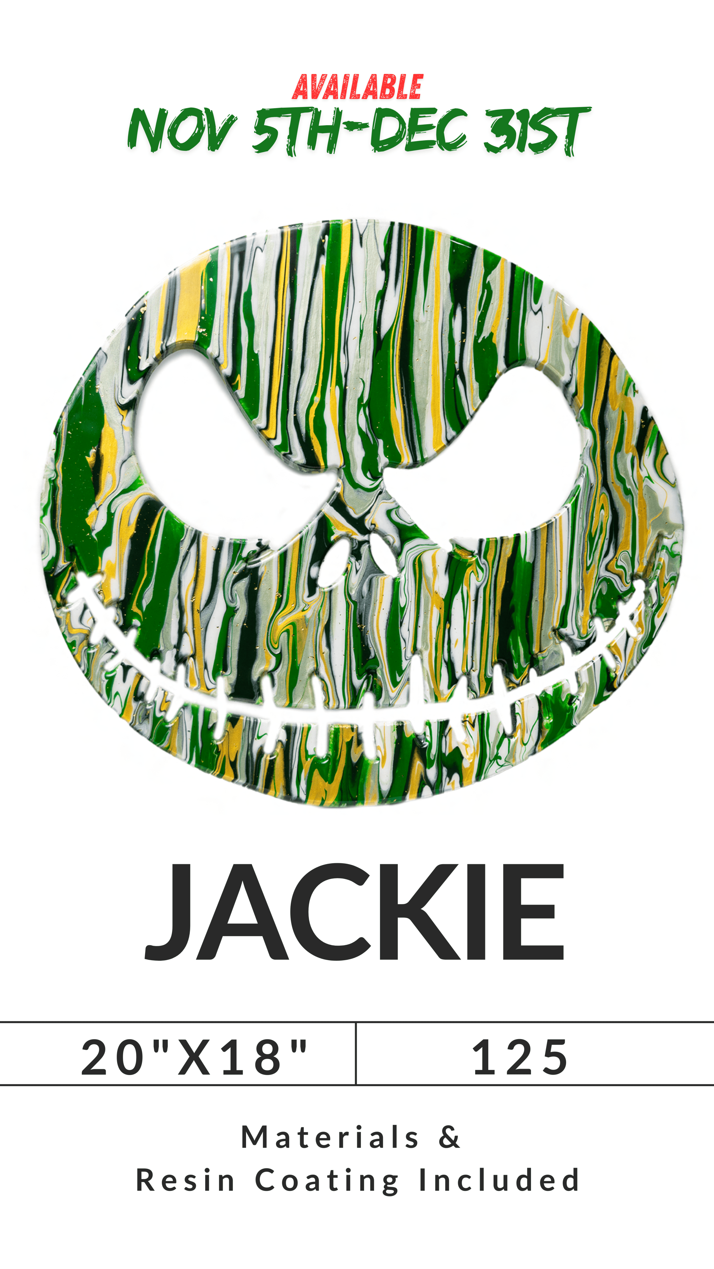 Colorful abstract mask artwork titled 'Jackie', available Nov 5th-Dec 31st. Size 20x18 inches, resin coated.