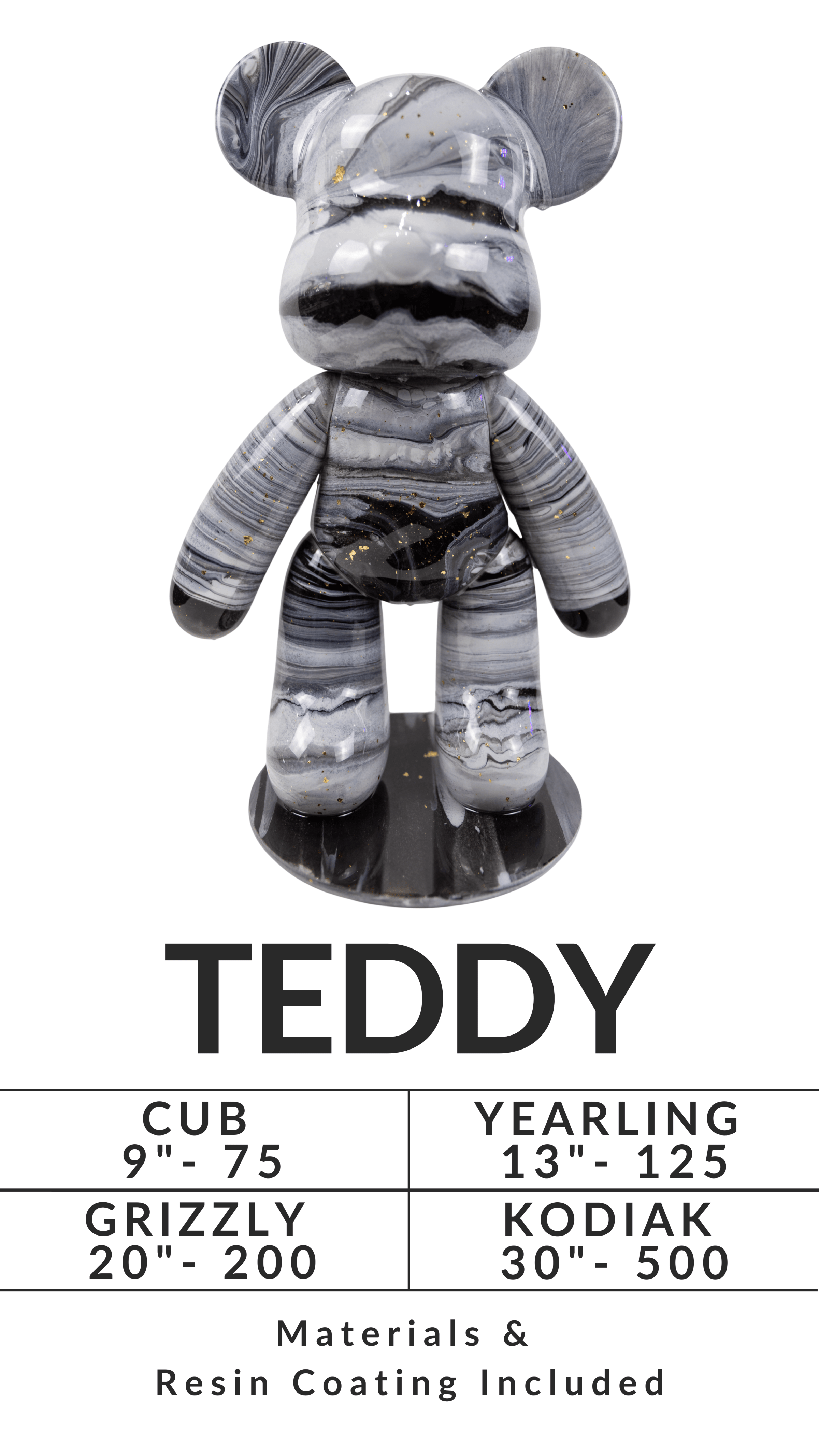 Black and gray marbled bear sculpture on a stand with size and price options listed below.