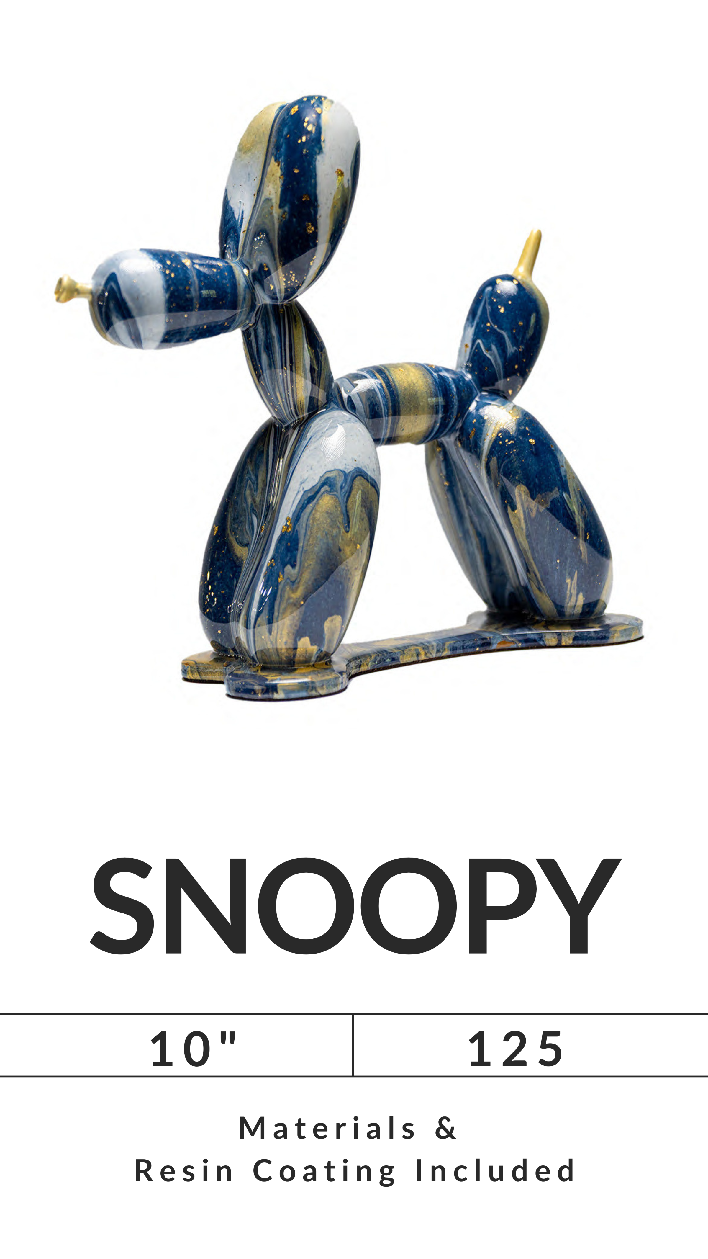 Blue and gold marbled balloon dog sculpture labeled 'Snoopy' with resin coating details.