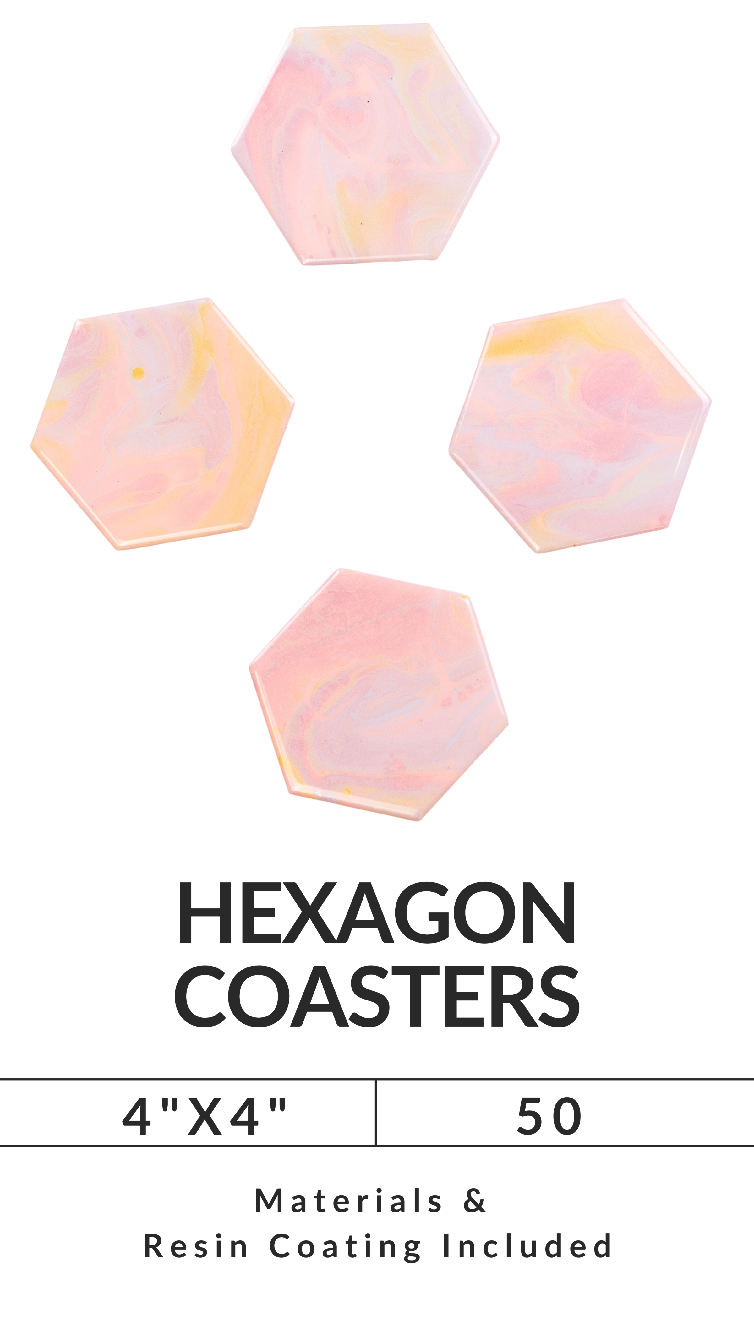 Four pastel hexagon coasters with the text 'HEXAGON COASTERS 4