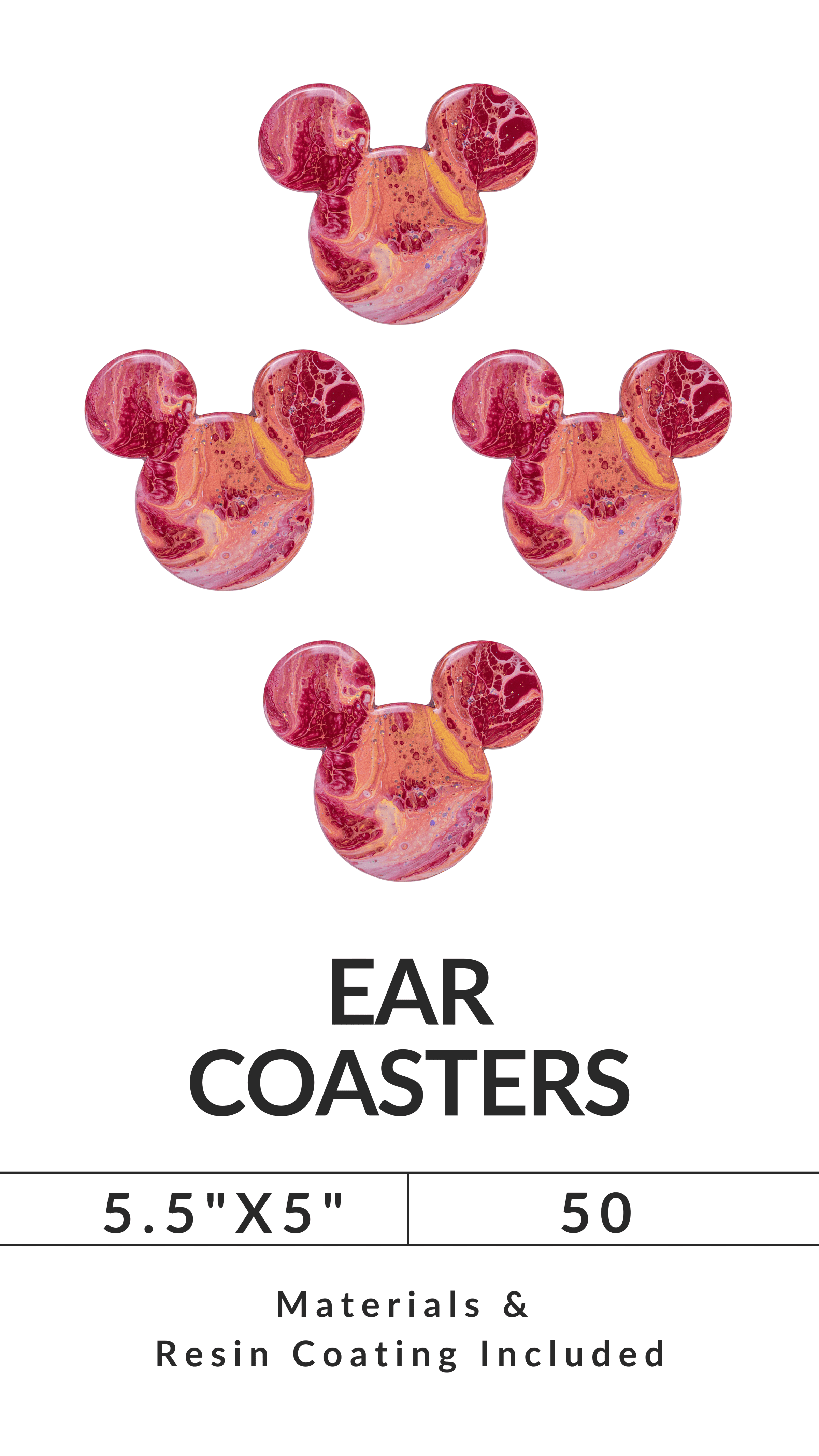 Four ear-shaped coasters with red-orange swirl pattern, labeled 'EAR COASTERS 5.5