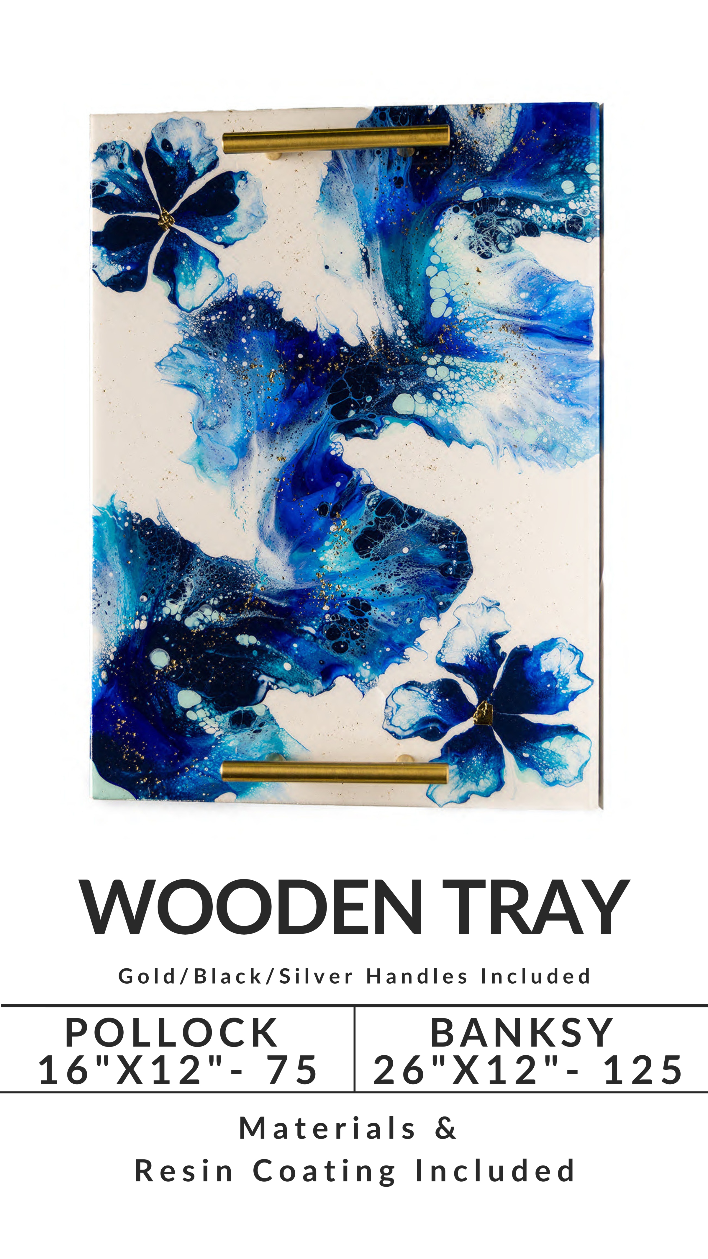 Abstract blue flower design on wooden tray with brass handles.