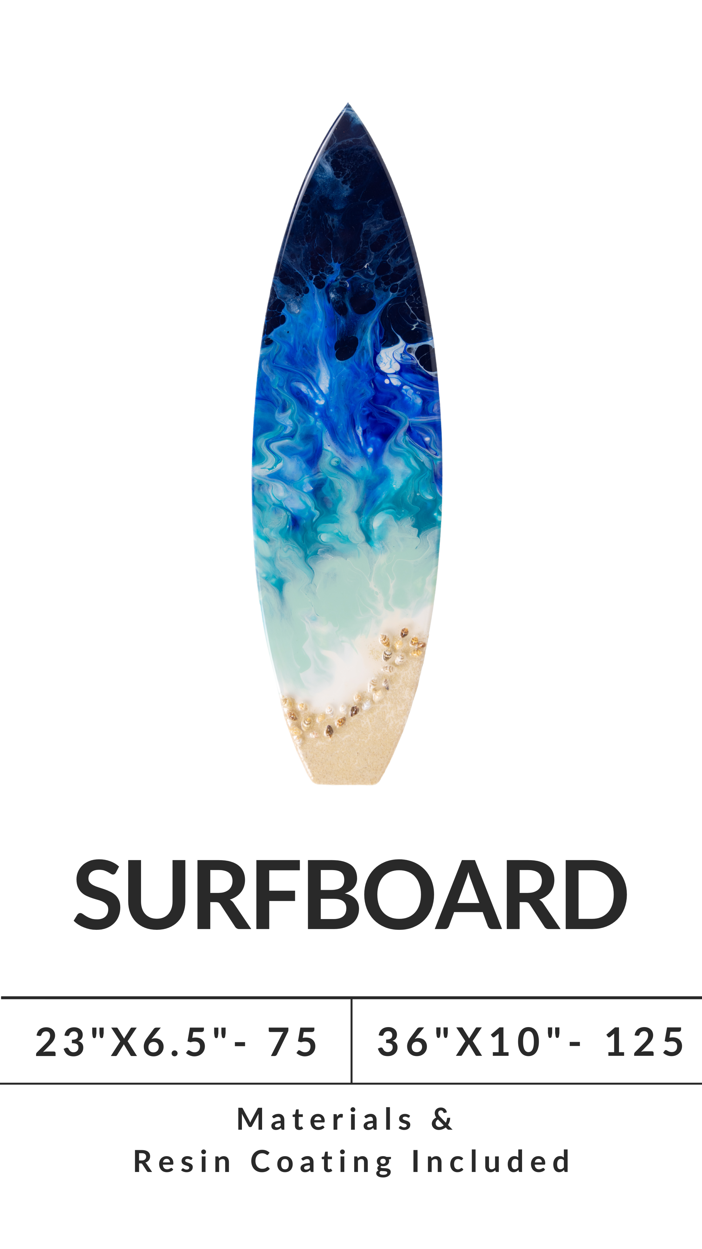 Colorful resin-coated decorative surfboard with waves and sand patterns, text: Surfboard, sizes, and materials info.