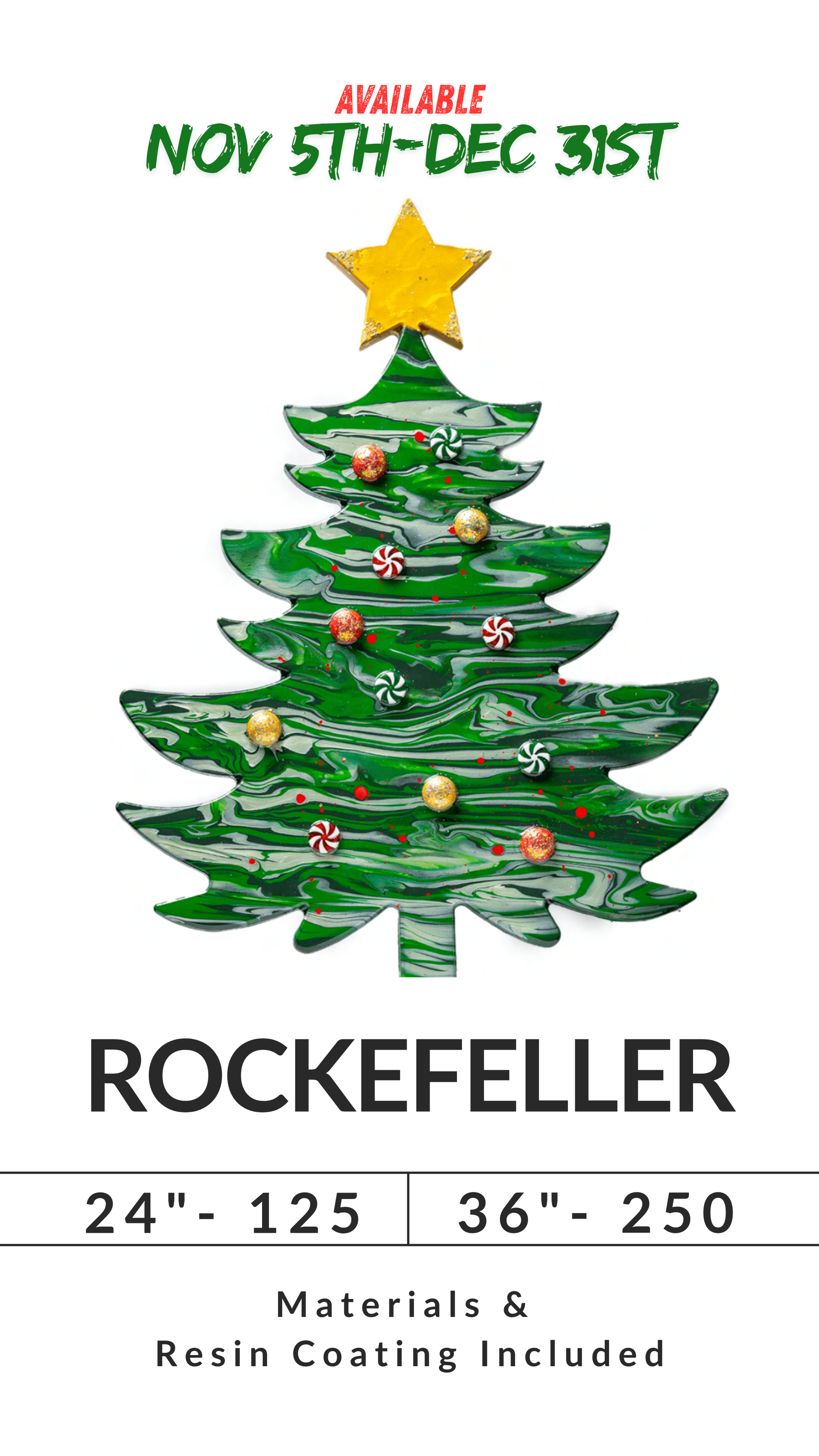 Marbled green tree with a star topper, candy decorations, available Nov 5-Dec 31, titled 'Rockefeller'.