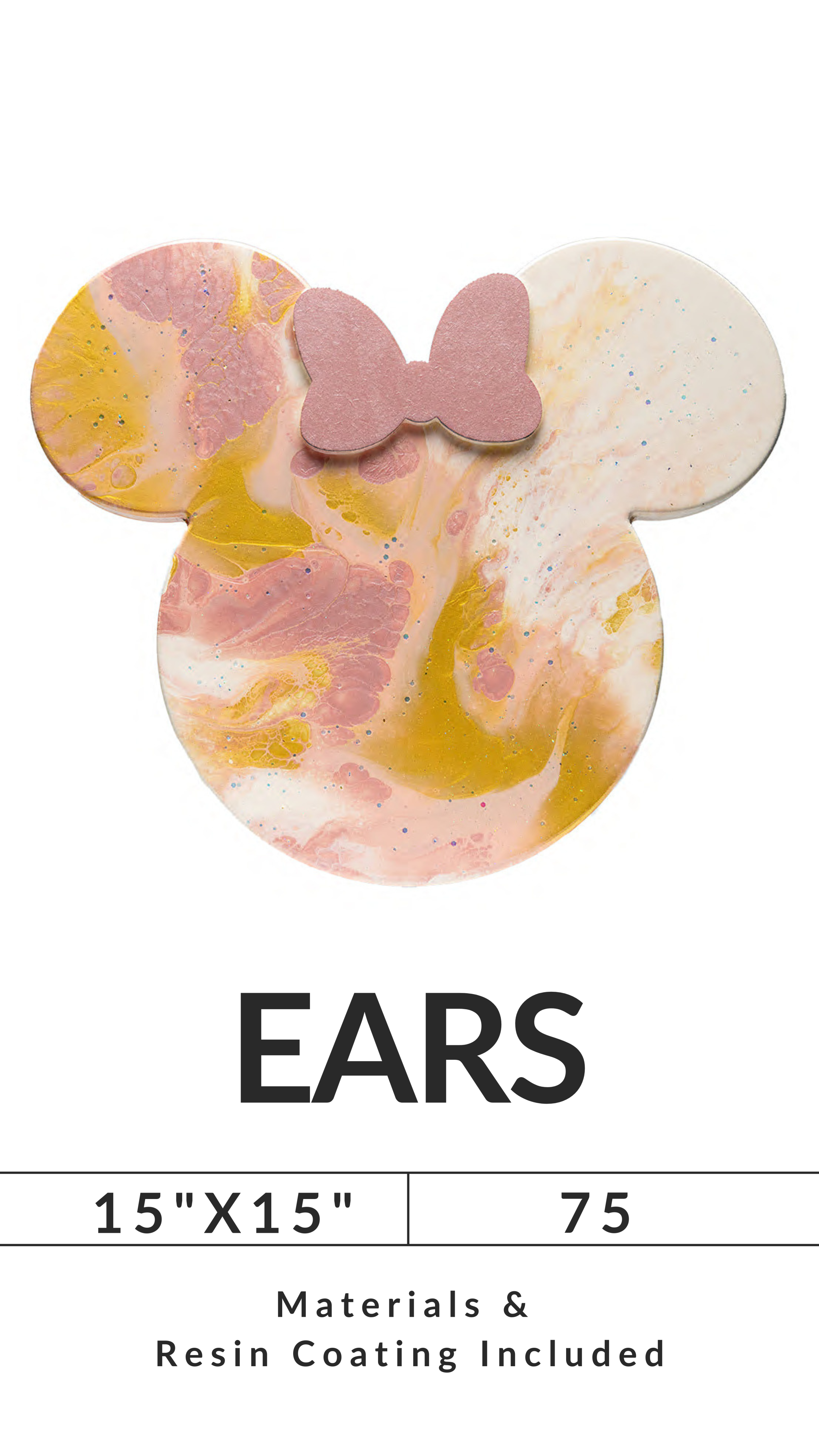 Mickey Mouse-shaped artwork with pink and yellow swirls, pink bow, labeled 'EARS' and dimensions 15