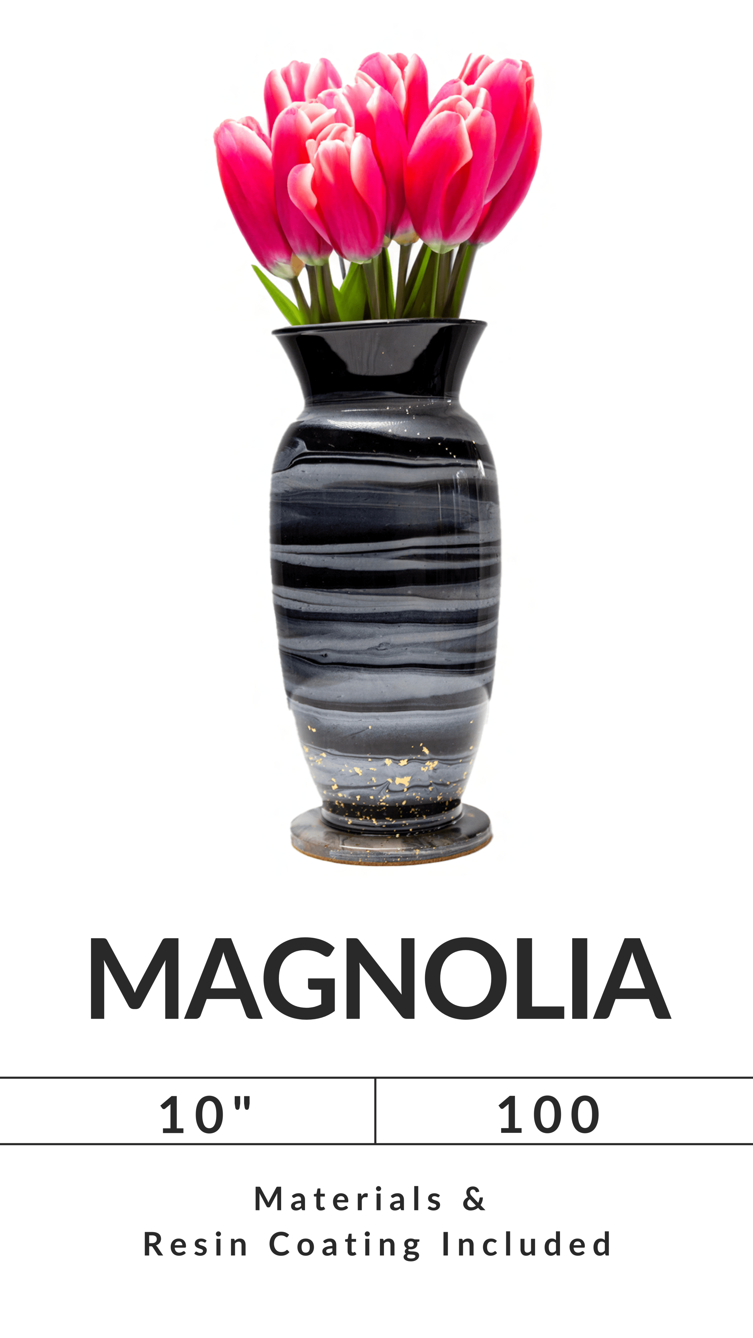 Black marbled vase with pink tulips, labeled 'Magnolia,' measured as 10 inches and 100 units.