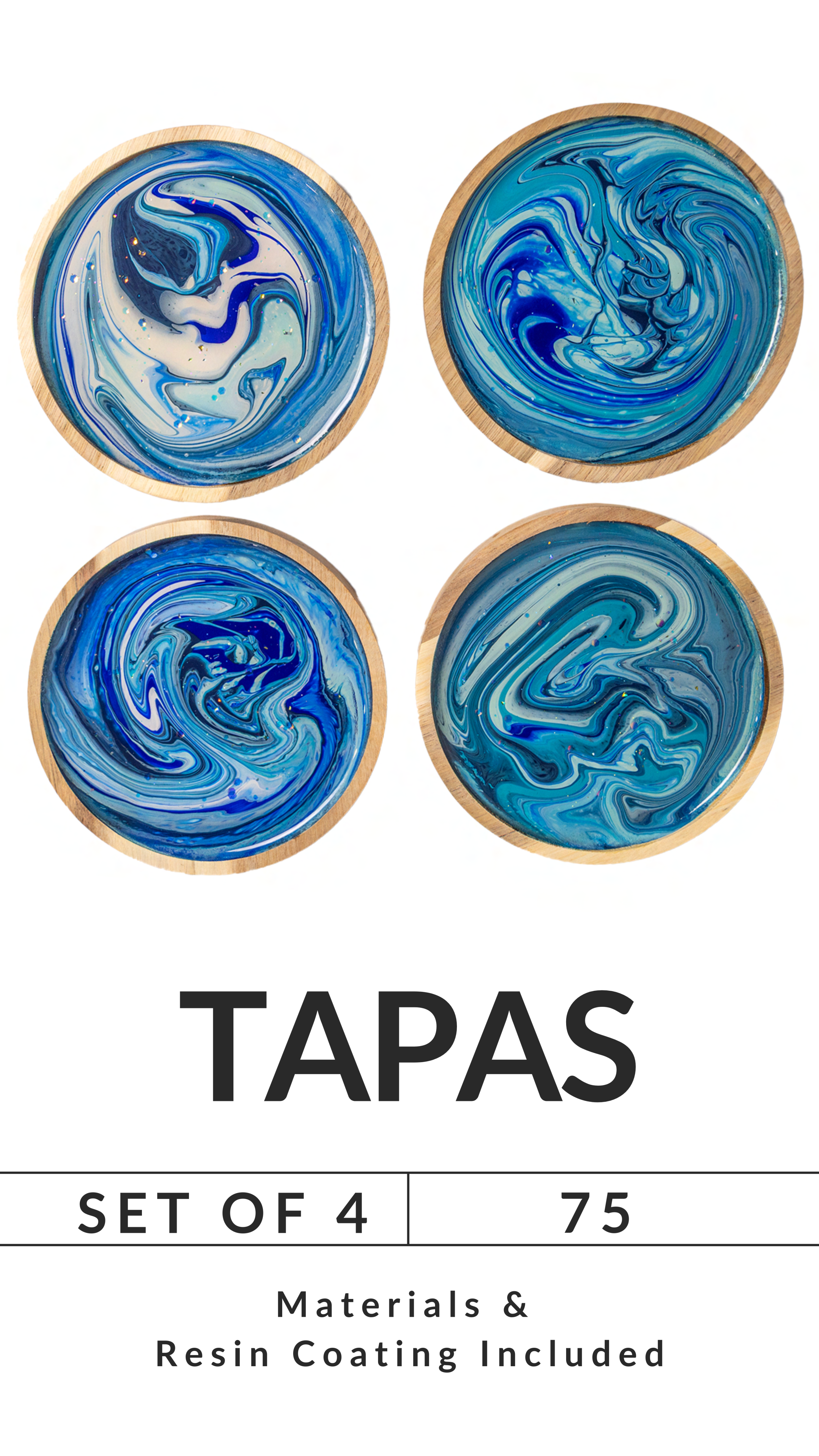 Four round coasters with blue marble patterns, labeled 'TAPAS, Set of 4, 75'.