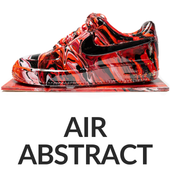 Abstract red and black shoe model titled 'Air Abstract' displayed on white background.