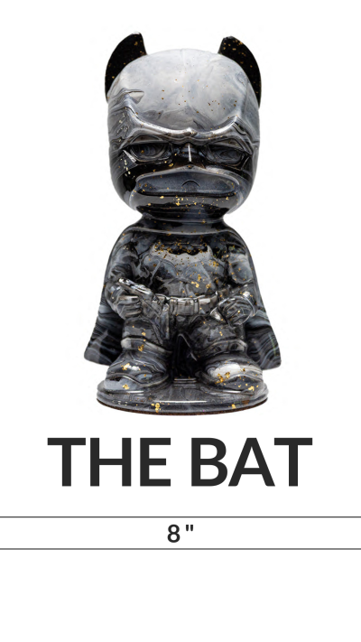 Black-gold bat-themed figurine titled 'THE BAT', 8 inches tall.