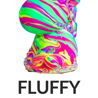 Colorful unicorn figurine labeled 'FLUFFY', size indicated as 8 inches.