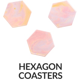 Four pastel pink and yellow hexagon coasters with 'Hexagon Coasters' text below.