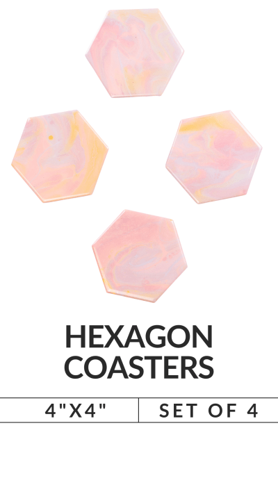Four pastel pink and yellow hexagon coasters with 'Hexagon Coasters' text below.