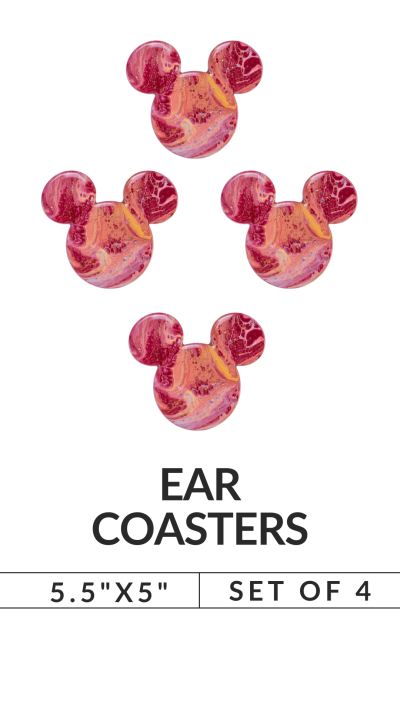 Four colorful ear-shaped coasters with text: 'Ear Coasters, 5.5