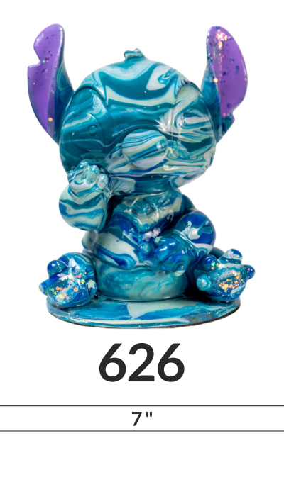 Blue and purple abstract figure with swirls, number 626, and 7-inch size indicated.