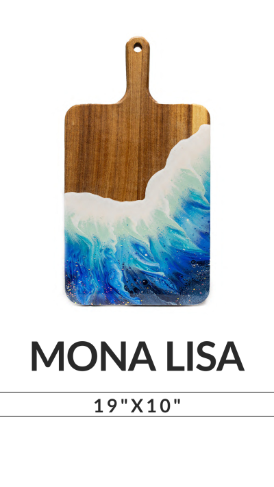 Wooden cutting board with ocean wave design on lower section, labeled 'Mona Lisa' and sized 19x10.