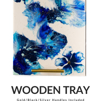 Wooden tray with blue floral design and gold handles, sizes and names listed below.