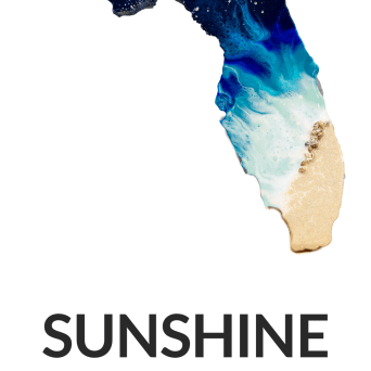 Florida map art with ocean colors and text 'SUNSHINE 18