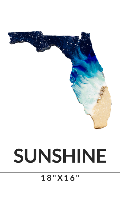 Florida map art with ocean colors and text 'SUNSHINE 18