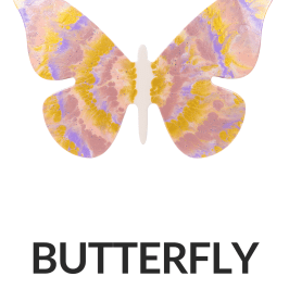Colorful butterfly illustration with 'BUTTERFLY' text and size options: 14