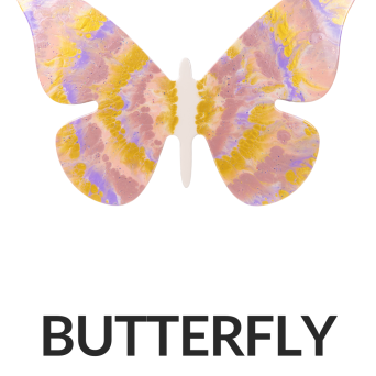 Colorful butterfly illustration with 'BUTTERFLY' text and size options: 14