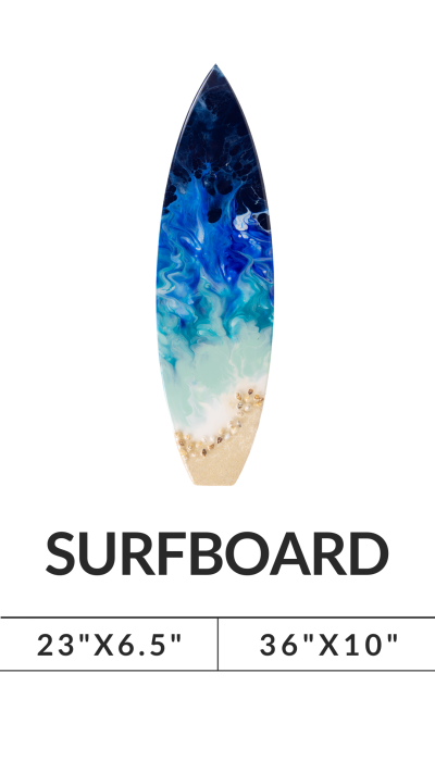 Colorful surfboard art with ocean and beach design, labeled 'SURFBOARD' with dimensions 23x6.5 and 36x10 inches.