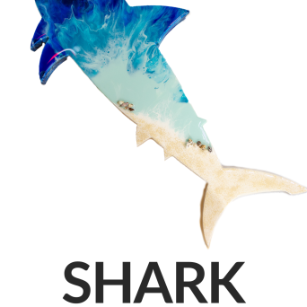 Artistic shark design in blue tones with text 'SHARK 34