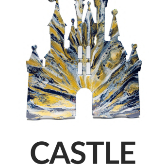 Abstract castle art in blue and gold with text: CASTLE, size 25