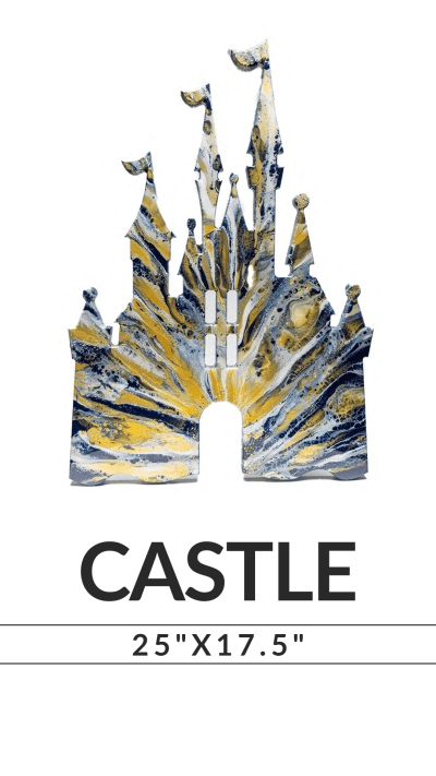 Abstract castle art in blue and gold with text: CASTLE, size 25