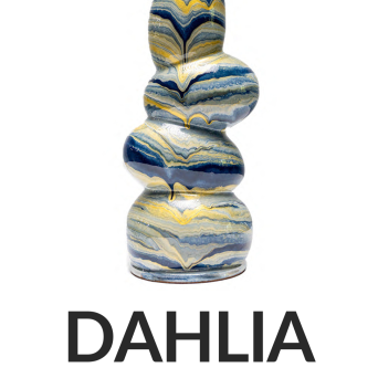 Blue and yellow wavy vase with white tulips labeled 'DAHLIA 10