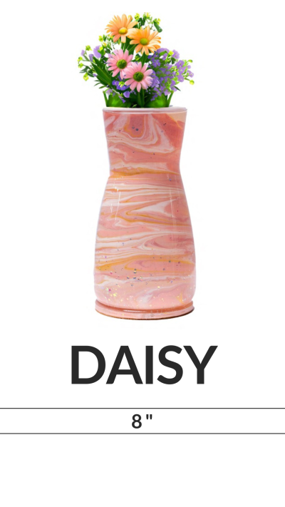 Colorful flowers in a pink marbled vase labeled 'DAISY' with size '8