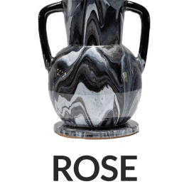 Black and white marbled vase with pink flowers; labeled 'ROSE' and '7 inches'.