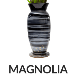 Pink tulips in a striped black vase labeled 'Magnolia' with '10 inches' underneath.