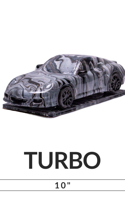 Marble-patterned toy car labeled 'TURBO 10