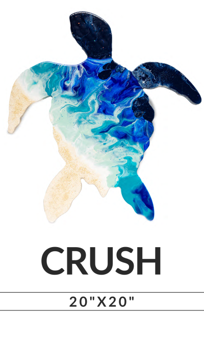 Abstract sea turtle art in blue tones with text 'CRUSH' and dimensions '20