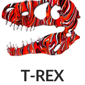 Colorful T-Rex skull art with red, black, and white swirls. Text below: 'T-REX' and size '20