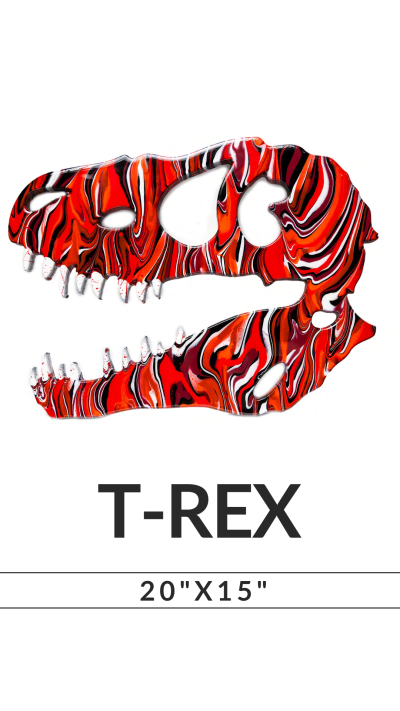 Colorful T-Rex skull art with red, black, and white swirls. Text below: 'T-REX' and size '20