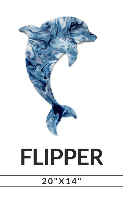 Marbled blue dolphin shape titled 'FLIPPER', dimensions 20